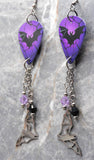 Bat on a Purple Background Guitar Pick Earrings with Stainless Steel Bat Charms and Swarovski Crystal Dangles