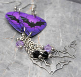 Bat on a Purple Background Guitar Pick Earrings with Stainless Steel Bat Charms and Swarovski Crystal Dangles