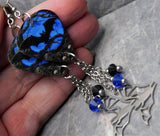 Bat on a Blue Background Guitar Pick Earrings with Stainless Steel Bat Charms and Swarovski Crystal Dangles