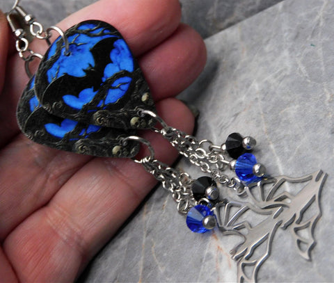 Bat on a Blue Background Guitar Pick Earrings with Stainless Steel Bat Charms and Swarovski Crystal Dangles