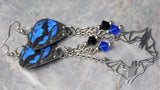 Bat on a Blue Background Guitar Pick Earrings with Stainless Steel Bat Charms and Swarovski Crystal Dangles
