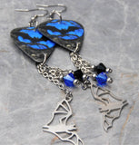 Bat on a Blue Background Guitar Pick Earrings with Stainless Steel Bat Charms and Swarovski Crystal Dangles