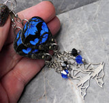Bat on a Blue Background Guitar Pick Earrings with Stainless Steel Bat Charms and Swarovski Crystal Dangles