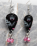 Black and Pink Bats Guitar Pick Earrings with Pink AB Swarovski Crystal Dangles