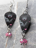 Black and Pink Bats Guitar Pick Earrings with Pink AB Swarovski Crystal Dangles