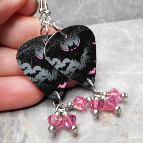 Black and Pink Bats Guitar Pick Earrings with Pink AB Swarovski Crystal Dangles