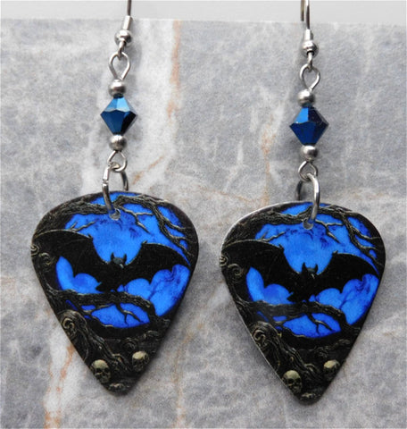 Bat on a Blue Background Guitar Pick Earrings with Metallic Blue Swarovski Crystals