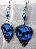 Bat on a Blue Background Guitar Pick Earrings with Metallic Blue Swarovski Crystals