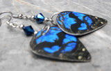 Bat on a Blue Background Guitar Pick Earrings with Metallic Blue Swarovski Crystals