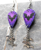 Bat on Purple Guitar Pick Earrings with Stainless Steel Bat Charm Dangles