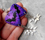 Bat on Purple Guitar Pick Earrings with Stainless Steel Bat Charm Dangles