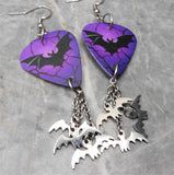 Bat on Purple Guitar Pick Earrings with Stainless Steel Bat Charm Dangles