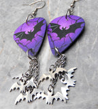 Bat on Purple Guitar Pick Earrings with Stainless Steel Bat Charm Dangles