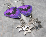 Bat on Purple Guitar Pick Earrings with Stainless Steel Bat Charm Dangles