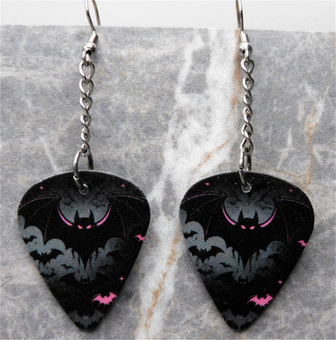Black and Pink Bats Dangling Guitar Pick Earrings