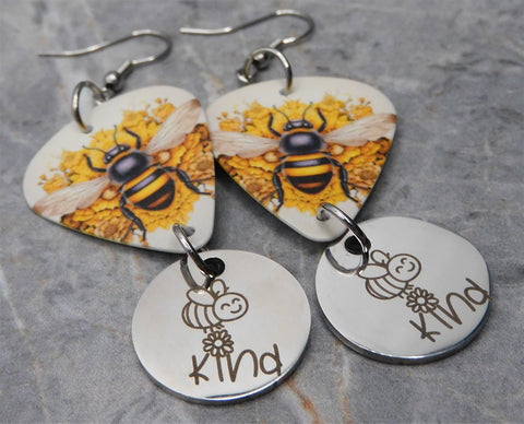 Bee Guitar Pick Earrings with Stainless Steel Be Kind Charms