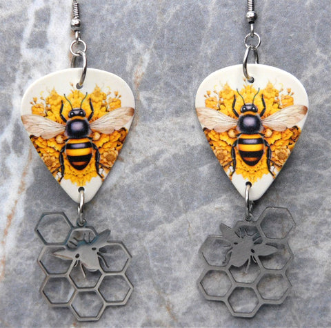 Bee Guitar Pick Earrings with Stainless Steel Bee and Honeycomb Dangles