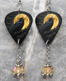Raven In Front of a Full Moon Guitar Pick Earrings with Crystal Amber Swarovski Crystal Dangles