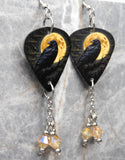Raven In Front of a Full Moon Guitar Pick Earrings with Crystal Amber Swarovski Crystal Dangles