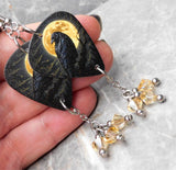 Raven In Front of a Full Moon Guitar Pick Earrings with Crystal Amber Swarovski Crystal Dangles