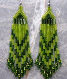 Shades of Green Brick Stitch Earrings with Long Tassels