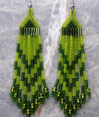 Shades of Green Brick Stitch Earrings with Long Tassels