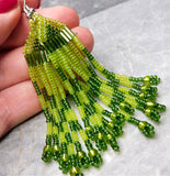Shades of Green Brick Stitch Earrings with Long Tassels