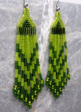 Shades of Green Brick Stitch Earrings with Long Tassels