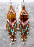 Pink, Brown and Turquoise Brick Stitch Earrings with Long Tassels