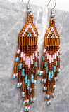 Pink, Brown and Turquoise Brick Stitch Earrings with Long Tassels