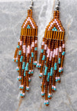Pink, Brown and Turquoise Brick Stitch Earrings with Long Tassels