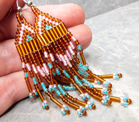 Pink, Brown and Turquoise Brick Stitch Earrings with Long Tassels