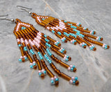 Pink, Brown and Turquoise Brick Stitch Earrings with Long Tassels