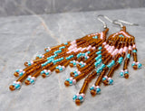 Pink, Brown and Turquoise Brick Stitch Earrings with Long Tassels