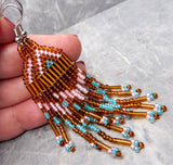 Pink, Brown and Turquoise Brick Stitch Earrings with Long Tassels