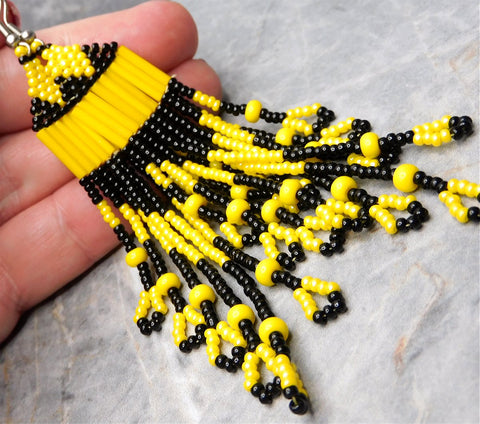 Yellow and Black Brick Stitch Earrings with Long Tassels