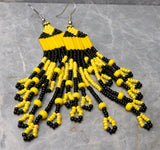 Yellow and Black Brick Stitch Earrings with Long Tassels