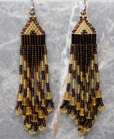 Two Shades of Brown Brick Stitch Earrings with Long Tassels