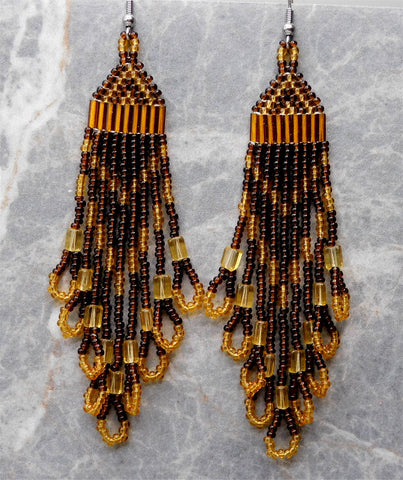 Two Shades of Brown Brick Stitch Earrings with Very Long Brown Tassels