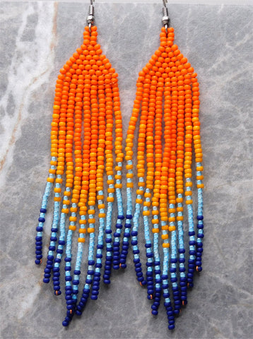 Sunset Sunrise Orange and Blue Brick Stitch Earrings with Long Tassels