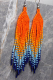 Sunset Sunrise Orange and Blue Brick Stitch Earrings with Long Tassels