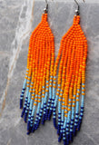 Sunset Sunrise Orange and Blue Brick Stitch Earrings with Long Tassels