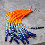 Sunset Sunrise Orange and Blue Brick Stitch Earrings with Long Tassels