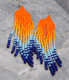 Sunset Sunrise Orange and Blue Brick Stitch Earrings with Long Tassels