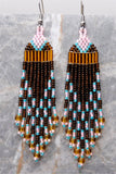 Brown, Pink and Blue Brick Stitch Earrings with Long Tassels