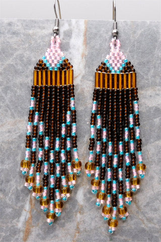 Brown, Pink and Blue Brick Stitch Earrings with Long Tassels