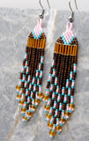 Brown, Pink and Blue Brick Stitch Earrings with Long Tassels