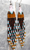Brown, Pink and Blue Brick Stitch Earrings with Long Tassels
