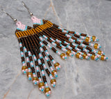 Brown, Pink and Blue Brick Stitch Earrings with Long Tassels