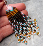 Brown, Pink and Blue Brick Stitch Earrings with Long Tassels